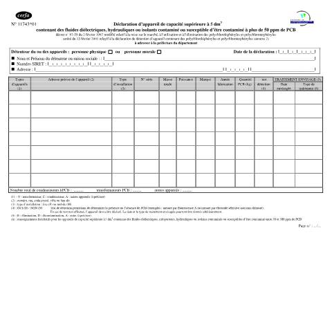 Aperçu du document Déclaration de détention des appareils contenant des PCB ou PCT — Professionnels, France (CERFA n°11743*01)